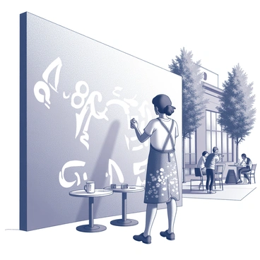A street artist is positioned in front of a large wall, focused on creating a mural. The artist is wearing a paint-splattered apron and is holding a spray paint can, poised to add color to the design. The wall features outlines of various shapes and figures that are not yet filled in. Around the artist, the trendy neighborhood is bustling with people walking by, some stopping to watch the progress. There are café tables with patrons enjoying coffee nearby. Trees with lush foliage line the street, and modern buildings create a vibrant urban backdrop. "Grenoble" is subtly integrated into the mural design, showcasing the connection to the city.