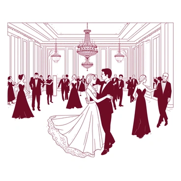 A grand ballroom is filled with elegantly dressed figures twirling gracefully on the polished floor. Ornate chandeliers hang from the high ceiling, illuminating the scene with a warm glow. The characters are wearing elaborate gowns and suits in various styles, showcasing intricate details like lace, ruffles, and shiny accessories. In the center of the room, a couple is engaged in a waltz, their movements synchronized beautifully. Around them, other couples are dancing, creating a dynamic atmosphere filled with joy and celebration. Rich drapery adorns the walls, adding to the opulence of the setting.