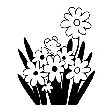 A tiny field mouse peeking out from behind a cluster of daisies. The mouse is small, with delicate features and small ears, its body partially hidden among the green leaves. The daisies bloom around the mouse, their petals open wide and showing prominent centers. The scene includes detailed textures of the mouse's fur and the soft petals of the daisies, creating an engaging contrast with the delicate nature of the flowers. Tall blades of grass surround the daisies, adding depth to the composition.