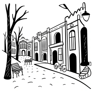 A street lined with well-preserved pre-World War architecture, featuring intricate facades with ornate details and classic columns. There are vintage street lamps casting soft light, and cobblestones beneath, adding texture to the scene. Trees with textured bark grow along the edges of the street, creating a natural frame. A pair of benches made of wrought iron sit invitingly along the sidewalk, and a bicycle leans against one of the buildings. The overall composition showcases the charm and historical significance of the architecture.