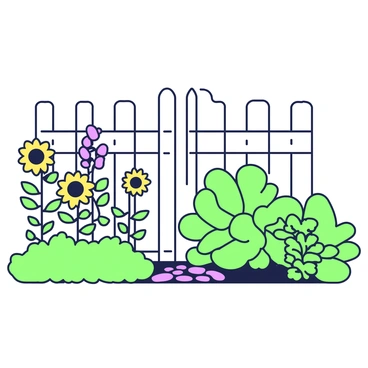 A garden is divided in half by a white picket fence. On the left side, there are various blooming flowers including tall sunflowers with vibrant petals and lush green foliage. Interspersed among the flowers are small shrubs with delicate leaves. On the right side, there are herbaceous plants, including vibrant green basil and parsley plants arranged in neat rows. The fence stands tall, separating the two sides while allowing a glimpse of the contrasting plant life. A small pathway of stones leads from the front of the garden to the fence, inviting viewers to explore the vibrant greenery on both sides.