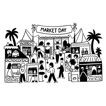 A bustling Aztec market scene filled with numerous vendors. Each vendor is displaying a variety of goods such as colorful textiles, pottery, and fresh produce. There are people walking through the market, some examining the items while others are engaging in conversations. A large banner with the words "Market Day" hangs above the bustling crowd, surrounded by intricately designed stalls. In the background, there are pyramids and palm trees, adding to the atmosphere of the scene.