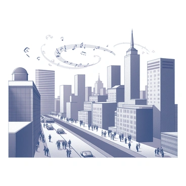 A bustling cityscape filled with tall buildings and busy streets. The buildings vary in architectural styles, with some having sleek glass facades and others featuring brick and concrete designs. People move along the sidewalks, some walking briskly while others stop to talk. Cars are parked along the streets, and the city is alive with various activities. In the air, invisible musical notes are depicted, swirling around the buildings and suggesting the sounds of urban life. The scene captures the energy and vibrancy of the city environment.