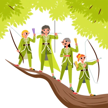 A group of elegant elf archers with pointed ears and flowing hair is positioned on a tree canopy. Each archer wears intricately designed green and silver armor that blends with the foliage. They hold finely crafted bows, ready to shoot their arrows. The tree canopy features lush, vibrant green leaves, with dappled sunlight filtering through, creating a magical atmosphere. The elves have focused expressions, demonstrating their expertise and grace in this setting.