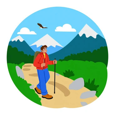 A person hiking up a mountain trail, surrounded by breathtaking views