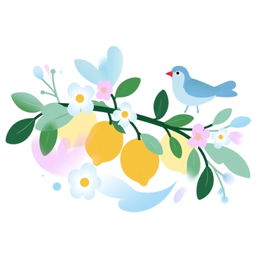 A small bird with soft feathers is perched delicately on a vibrant green lemon branch. The branch is adorned with several bright yellow lemons that hang prominently. Surrounding the bird are white and pink blossoms, adding a splash of color to the scene. The overall composition features lush greenery, with leaves contrasting against the vivid lemons and the delicate flowers. The atmosphere is filled with a sense of tranquility and harmony in nature.
