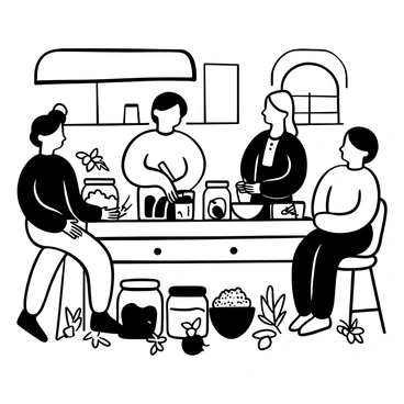 A family gathered around a kitchen table, actively working on making pickles together. Jars filled with cucumbers and spices are placed on the table. A bowl of salt and a measuring cup can be seen among various utensils. One person is slicing cucumbers, while another pours vinegar into a jar. There are several fresh herbs scattered around, adding to the scene. The kitchen is filled with an assortment of kitchenware, creating a lively and busy atmosphere.