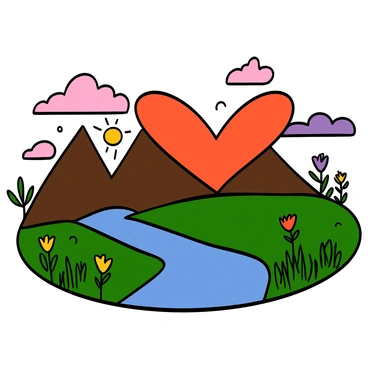 A scenic landscape with large mountains shaped like "hearts" under a "sunset" sky. The foreground is filled with lush green grass and colorful wildflowers swaying in the gentle breeze. The "sun" casts a warm orange and pink glow on the mountains, highlighting their unique shapes. The "sky" is filled with soft clouds reflecting shades of purple and gold, creating a dramatic backdrop for the heart-shaped mountains. A serene river flows through the valley, reflecting the colors of the sunset and meandering gently around the base of the mountains.