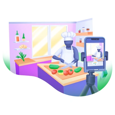 A bright kitchen featuring a chef wearing a white apron and a chef's hat. The chef is standing at a wooden countertop, chopping vegetables with a knife. In front of the chef, there is a colorful array of fresh ingredients, including bell peppers, tomatoes, and herbs. A smartphone mounted on a tripod captures the scene, showing the chef in a cooking tutorial. Bright sunlight streams in through the window, illuminating the kitchen with a warm glow. The walls are painted a soft pastel color, and shelves are filled with various cooking tools and jars of spices.