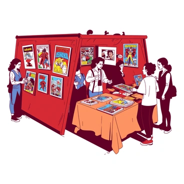 A red artist booth is set up at a bustling comic convention in Auckland. The booth is adorned with an array of colorful comic book artwork hanging prominently on display. There are various comic book covers featuring superheroes and fantastical characters, all illustrated in vibrant colors. In front of the booth, an orange table is stacked with comic books, prints, and merchandise for sale. A few enthusiastic attendees are gathered around, some flipping through comic books while others engage with the artist, who is showcasing their work with a bright smile. The atmosphere is lively, filled with the excitement of fans and creators sharing their passion for comics.