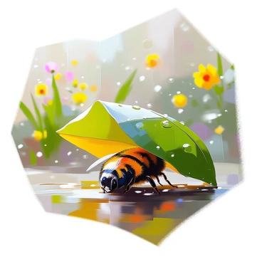 A small bee with fuzzy yellow and black stripes is nestled comfortably under a large green leaf, seeking shelter from a gentle rain shower. Raindrops are cascading softly down the leaf, forming tiny beads that glisten in the light. The background features a blurred arrangement of greenery, suggesting a lush garden filled with various plants. The scene conveys a sense of tranquility as the rain creates a delicate rhythm, while the bee remains still, safely sheltered from the elements.