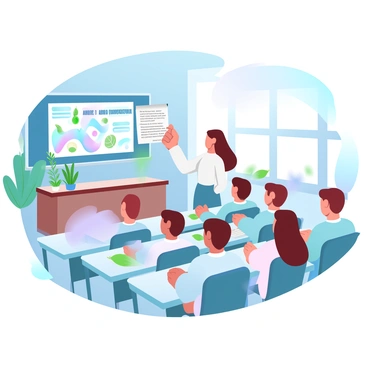 A classroom filled with desks arranged in rows, with a chalkboard at the front displaying colorful diagrams. A teacher stands next to the chalkboard, holding a clear, vibrant infographic about chlorophyll. Several students are seated at their desks, attentively looking towards the teacher. Some students have notebooks open, ready to take notes. Various plants and green leaves are placed on the teacher's desk as visual aids. Sunlight streams through the windows, illuminating the room and adding warmth to the scene.