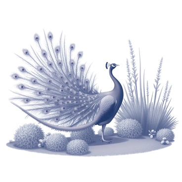 A peacock is fully displaying its magnificent feathers, showcasing an intricate fan of elongated tail feathers. The feathers are adorned with eye-like patterns that draw attention. The peacock stands in the center of a lush garden, surrounded by a variety of flowering plants and greenery. The background includes a mix of tall grass and bushes, providing a natural habitat for the peacock. The scene captures the vibrant nature of the garden as the peacock proudly showcases its elaborate plumage.