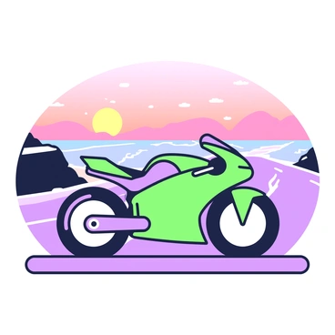 A sleek speed bike is positioned on a coastal highway. The bike has a streamlined frame and aerodynamic design, emphasizing its speed. The highway stretches into the distance, flanked by a rocky coastline. In the background, a vibrant sunset casts an ambient glow over the scene. The sky features a gradient of colors as the sun begins to set, illuminating the clouds. The ocean waves can be seen crashing against the shore, reflecting the warm hues of the sunset.