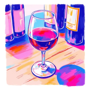 A close-up of a glass filled with "rich red wine" is positioned on a wooden table. The glass has a curved bowl and a slender stem. The deep red color of the wine catches the light, creating reflections. The surface of the table shows a subtle grain pattern. In the blurred background, there are hints of wine bottles partially visible.