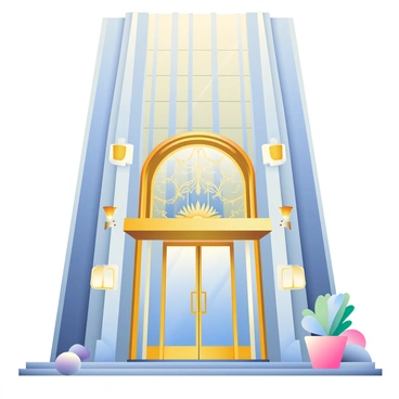 An art deco office building with a facade featuring prominent vertical lines is towering in the frame. The structure has a smooth, glossy finish, reflecting sunlight with a shimmering effect. The entrance is lavish, adorned with intricate patterns and sculptural elements crafted in gold and bronze tones. Tall glass doors are flanked by elegant light fixtures that illuminate the area. Above the entrance, there are decorative motifs, showcasing geometric designs typical of the art deco style. The surrounding area is paved with polished stones, enhancing the overall opulence of the scene.