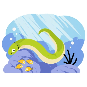 A moray eel with a long, slender body and mottled green and brown skin is stealthily approaching a small school of colorful fish. The school of fish consists of vibrant yellow and blue fish swimming closely together. The background is a rocky reef, providing a natural habitat for both the eel and the fish. Sunlight filters down through the water, creating shimmering patterns on the ocean floor. The moray eel's head is slightly raised above a rock, its eyes focused intently on the school of fish, showcasing a scene of underwater predation.