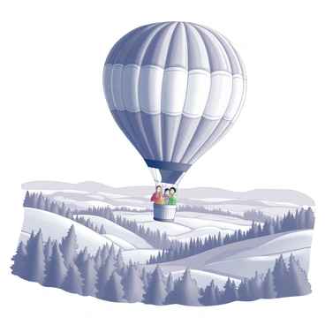 A hot air balloon with a basket full of people in cultural attire flying over a diverse landscape
