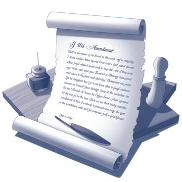An old parchment scroll unfurls to reveal the text of the "10th Amendment" elegantly written in a flowing script. The scroll shows signs of age, with frayed edges and subtle wrinkles throughout its surface. The background features a wooden table, enhancing the historical context of the document. A quill and inkpot lie nearby, suggesting that the amendment has been recently penned. Dim lighting casts soft shadows, highlighting the text and the intricate details of the parchment's texture.
