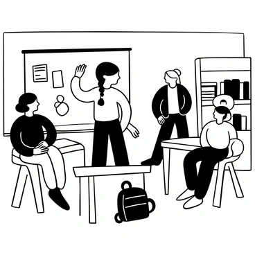 A young girl standing at a desk in a classroom, confidently raising her hand. She has long hair tied in two braids. Her backpack is placed on the floor next to her. Other students are seated at their desks, looking towards her. The teacher is in the background, observing the scene. The classroom is filled with educational posters on the walls and bookshelves lined with books.