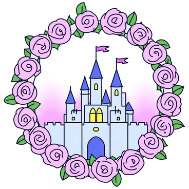 An ornate frame crafted from delicate pink roses. The roses are intricately detailed, with soft petals and green leaves, creating a lush border. Inside the frame is a dreamy fairytale castle, featuring tall spires and rounded towers. The castle is adorned with sparkling windows and flags fluttering at the top. The background is a soft gradient, enhancing the whimsical feel of the scene.