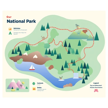 An illustrated map of a national park is displayed prominently. The map features a variety of green landmasses representing forests and hills. Key trails are marked with dotted lines in red, showing paths that wind through the landscapes. Various landmarks are illustrated, such as a blue lake with a small white sailboat, a brown mountain range with snow caps, and a waterfall cascading into a pond. There are small, colorful icons representing wildlife, such as a deer and an eagle. Additional details include shaded areas that indicate camping sites and picnic spots, each marked with a tent or picnic table icon. At the edge of the map, there is a legend with symbols explaining the different features of the park.