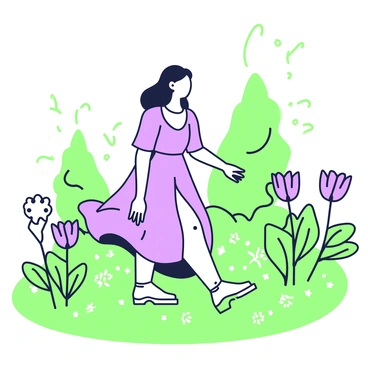 A woman is walking through a garden surrounded by lush greenery. She is wearing a flowing dress that moves gently with her steps. The garden is filled with various flowers displaying their intricate petals. The ground is covered in grass with droplets of dew glistening in the soft morning light. Wisps of mist weave through the air, creating an ethereal atmosphere. In the background, there are taller trees providing a natural frame to the scene, their leaves slightly swaying. The woman is looking around, taking in the beauty of her surroundings.