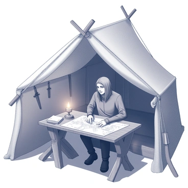 A person resembling Boromir is seated at a wooden table inside a rustic tent. He is studying a detailed map spread out before him, with various markings and symbols visible on the surface. The tent is constructed from rough, beige fabric, featuring wooden stakes and ropes securing it to the ground. The interior is dimly lit, with a soft glow coming from an oil lamp placed on the table. In the background, various pieces of gear, such as swords and bows, are hanging from the tent walls, and scattered parchment and quills suggest an atmosphere of planning and strategy.