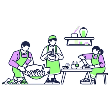 A scene depicting artisans engaged in traditional crafting methods. On the left, an artisan is carving a wooden sculpture, using a chisel and mallet, with shavings scattered on the floor. Next to him, another artisan is weaving a basket with strips of material, focused on her intricate work. To the right, a third artisan is shaping clay on a pottery wheel, with a few finished pots nearby. The setting includes tools like hammers and needles placed on a workbench, and behind the artisans, shelves display their crafted goods.