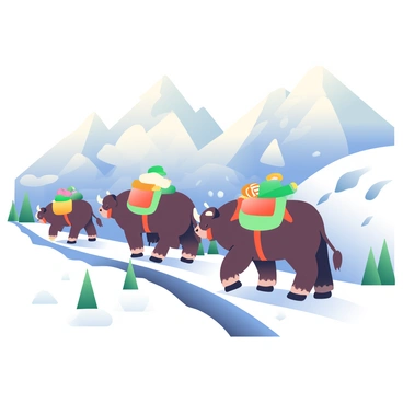 A caravan of yaks is making its way through snowy mountains. The yaks are large and sturdy, each carrying colorful packs filled with supplies. Their thick fur is a mix of dark brown and white, blending with the snowy landscape. The mountains in the background are steep and covered in a blanket of white snow, with jagged peaks piercing the sky. A light snowfall is occurring, creating a gentle flurry around the caravan. The path ahead is narrow and winding, with patches of exposed rock peeking through the snow. A few small evergreen trees are scattered along the trail, adding hints of green to the predominantly white scene.