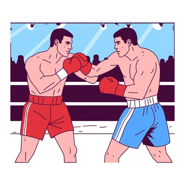 Two boxers are in a boxing ring, their muscles taut and defined, exchanging powerful punches. One boxer, wearing red shorts, has a determined expression, showcasing intense focus as he throws a left jab. The other boxer, clad in blue shorts, is countering with a right hook, his face displaying a fierce determination. The crowd surrounding the ring is blurred in the background, emphasizing the intensity of the bout. Bright lights shine down on the two athletes, highlighting their sweat-slicked skin and the energy of the match.