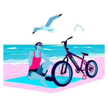 A cyclist with tanned skin and short hair is sitting on a beach towel, enjoying the warm sun. They are wearing a bright tank top and sunglasses, with a relaxed posture. Beside them, a freestyle bike is parked in the sand, showcasing its vibrant colors and intricate design. The bike has knobby tires and pegs on the front wheel. In the background, gentle waves are lapping at the shore, and seagulls are flying overhead. The sky is clear, creating a bright and inviting atmosphere. The scene captures a moment of leisure and adventure by the ocean.