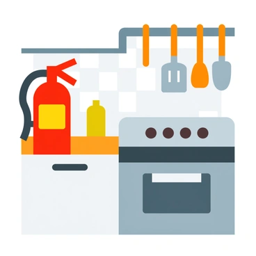 A fire extinguisher mounted on a kitchen wall next to a stainless steel stove, with a tiled backsplash and kitchen utensils hanging nearby.