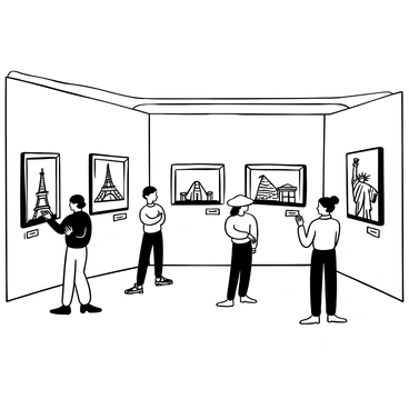 A gallery with white walls, featuring an array of travel sketches hanging in elegant frames. The sketches depict famous landmarks such as the Eiffel Tower, the Pyramids of Giza, and the Statue of Liberty, all rendered in fine detail. Each piece is accompanied by a small, neatly typed label beneath it. The floor is polished wood, and a few art enthusiasts are quietly observing the sketches, some taking notes. Soft lighting illuminates the sketches, casting gentle shadows against the walls.