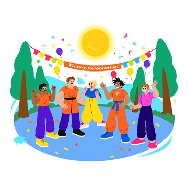A colorful festive scene featuring several characters gathered together in celebration after collecting all the "Dragon Balls." Each character is expressing joy, with one character raising their arms in triumph while another is laughing heartily. The ground is scattered with confetti, and in the background, a large, glowing "Dragon Ball" is hovering above them, casting a warm light. Balloons in various colors float around, and a banner reading "Victory Celebration!" is strung between two trees. The atmosphere is filled with excitement and happiness.