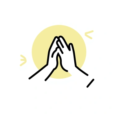 Two hands clasped together in a prayer position, with fingers interlocked and palms touching. The hands are positioned in front of a soft circle of light. The glow encompasses the hands, creating a warm and inviting atmosphere. The background is minimal, emphasizing the hands and the light surrounding them.