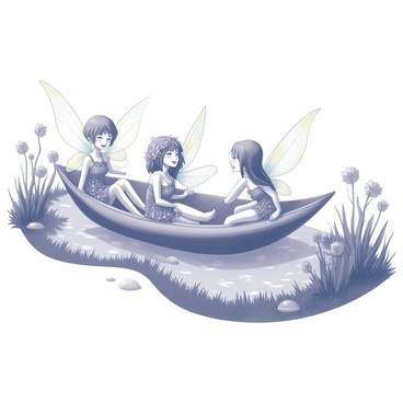 Several fairies are delicately floating down a gentle stream. They are perched on a boat crafted from a giant leaf, which glides smoothly atop the water's surface. The fairies have iridescent wings that catch the light as they move. Each fairy is adorned with floral attire, made from assorted petals and vines, enhancing their natural beauty. The stream is surrounded by lush greenery, with tall grasses and wildflowers lining the banks. The scene captures a tranquil moment in nature, with the fairies interacting with one another, sharing laughter as they navigate through the flowing water.