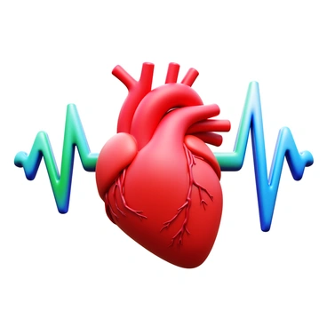 A close-up of a human heart. The heart is depicted in vibrant red, showing intricate details such as veins and arteries. Surrounding the heart, rhythmic sound waves are illustrated in blue and green, representing the heartbeat. The sound waves have varying heights, creating a dynamic visual effect.