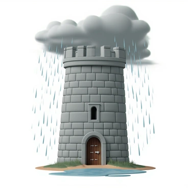 A tall stone fortress with thick gray walls standing strong amidst pouring rain. The sky is overcast, with dark storm clouds, and raindrops are visibly falling, creating a sense of movement. Puddles are forming at the base of the fortress, reflecting the structure and the gloomy sky. The fortress features a large wooden door, adorned with iron studs, and narrow windows that give a glimpse of the interior. The ground is uneven, with patches of grass and dirt surrounding the fortress, contributing to the dramatic atmosphere of the scene.
