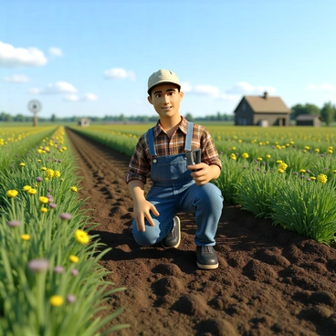 A farmer with a sun-kissed complexion, wearing a plaid shirt and denim overalls, is kneeling on the rich, dark soil of a sprawling green farmland. He is holding a small shovel in one hand and a soil testing kit in the other. The farmland stretches out in every direction, dotted with lush green crops and patches of vibrant wildflowers. The sky above is a clear blue with a few fluffy white clouds. In the background, a rustic wooden barn and a windmill can be seen, completing the pastoral scene.