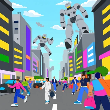 A bustling cityscape featuring tall buildings and busy streets. In the foreground, panicked citizens are running in various directions, showing expressions of fear and urgency. Above them, giant robots loom, towering over the skyscrapers, with metallic armor and glowing eyes. The robots are in dynamic poses, as if they are in the midst of attacking or searching for something. Debris and chaos fill the streets, with overturned vehicles and scattered belongings. The sky above is filled with smoke and dark clouds, heightening the dramatic tension of the scene.