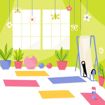A gym with a garden theme, featuring green walls adorned with colorful flower murals. "Butterfly" and "flower" toys are suspended from the ceiling, gently swaying overhead. There are exercise mats in vibrant colors spread across the floor, surrounded by potted plants. Various fitness equipment, such as dumbbells and yoga balls, is arranged neatly, complementing the playful, nature-inspired atmosphere. Bright sunlight streams through large windows, illuminating the space.