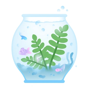 A fern plant is growing submerged underwater, its green fronds waving gently with the currents. The water is clear, allowing for a view of the fern's intricate leaves. Nearby, small fish in various colors and patterns are swimming gracefully, weaving in and out of the fronds. Sunlight filters through the surface of the water, casting soft patterns of light and shadow across the scene. The underwater environment is filled with subtle textures, including pebbles on the bottom and small bubbles rising toward the surface.