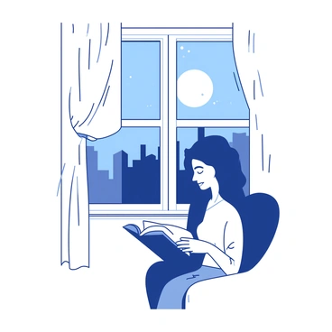 A white window with curtains gently swaying is framing a scene where moonlight is streaming in. The moonlight casts a soft glow onto a person sitting alone in a cozy corner. The person is deeply immersed in reading a book, with pages slightly turned and a relaxed expression on their face. The surroundings are subtly illuminated, highlighting the contours of the person's figure and the edges of the book, creating a serene atmosphere.