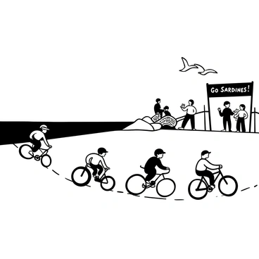 A sandy beach stretches out under a clear sky. "Sardines" are seen pedaling tiny bicycles along the shore, their bodies streamlined and glistening. Each sardine is wearing a small racing helmet, and they appear focused on the race ahead. Several tiny bicycles are designed with exaggerated features, including large wheels and colorful frames. In the background, beachgoers are observing the race, with some clapping and others holding banners that read "Go Sardines!" Seagulls are flying overhead, adding to the lively atmosphere of the quirky race.