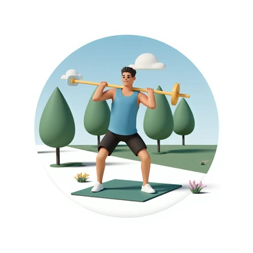 An athlete, wearing a blue tank top and black shorts, is performing a barbell hip thrust on a green yoga mat. The athlete has a focused expression, with their arms resting on the barbell as they lift their hips. In the background, there are lush green trees and a clear blue sky, indicating a sunny day in the park. Sunlight casts soft shadows on the mat, and a few colorful flowers can be seen nearby, adding to the vibrant atmosphere of the outdoor setting.