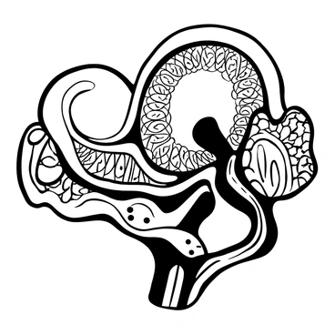 A neon-themed illustration of the inner ear with glowing pathways