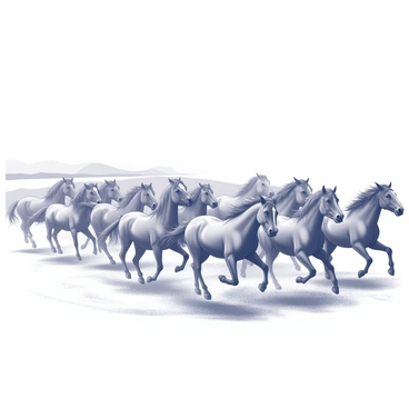A herd of wild horses galloping across an expansive plateau. The horses vary in size and breed, showcasing a mix of strong, muscular bodies and flowing manes. Their hooves create a cloud of dust as they kick up the earth beneath them. The plateau features rolling hills and sparse patches of vegetation, with a distant horizon line that stretches into the background. The sky above is vast and open, emphasizing the freedom of the horses as they move together in unison.