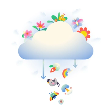 A large digital cloud is centered in the image, appearing fluffy and light. Various colorful illustrations are depicted being uploaded into the cloud, including a vibrant butterfly, a whimsical flower, and a smiling sun. Each illustration is bright and distinct, showcasing a variety of colors. Below the cloud, several illustrations are emerging, symbolizing downloads; these include a playful cat, a cartoon spaceship, and a colorful rainbow. Small arrows indicate the flow of uploads and downloads, enhancing the dynamic nature of the scene. The background is a soft gradient, transitioning through shades of blue and white, emphasizing the airy quality of the cloud.