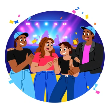 A group of four friends, two girls and two boys, stand close together, smiling widely as they enjoy their first concert experience. The setting is filled with colorful lights flashing in different directions, creating a vibrant atmosphere. One of the girls has long, wavy brown hair and wears a black band tee, while the other girl has short, curly hair and wears a bright red crop top. One boy has a blue cap on backward, and the other wears a leather jacket. They are all clapping their hands and swaying to the beat of the music. The stage is visible in the background, with a band performing energetically and colorful spotlights illuminating the scene. The air is filled with excitement as confetti falls from above, adding to the festive ambiance.